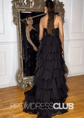 Olga |Black Long Prom Dresses Store With A - Line Strapless Tiered Chiffon V - Neck Layered - Price #price_variant_lowest# - Black - PromDressClub